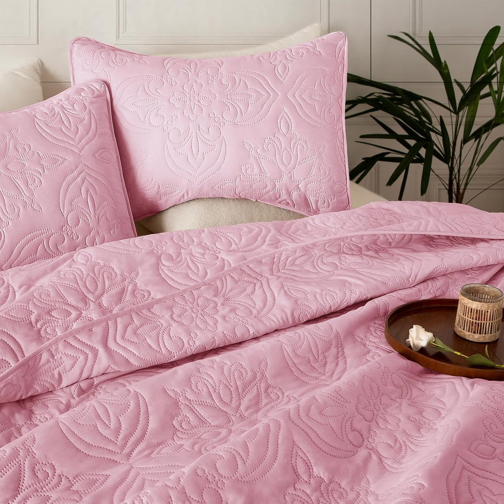 Soft Queen Quilt Bedding Set for All Seasons, Vintage Damask Ultrasonic Full Quilts Set, Lightweight Reversible