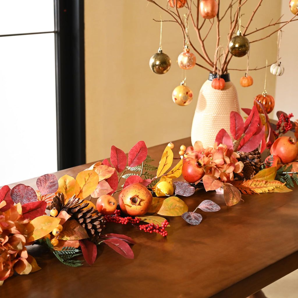 DecorbyHannah 6ft Fall Garland for Mantle with Lights & Leaves Pomegranate