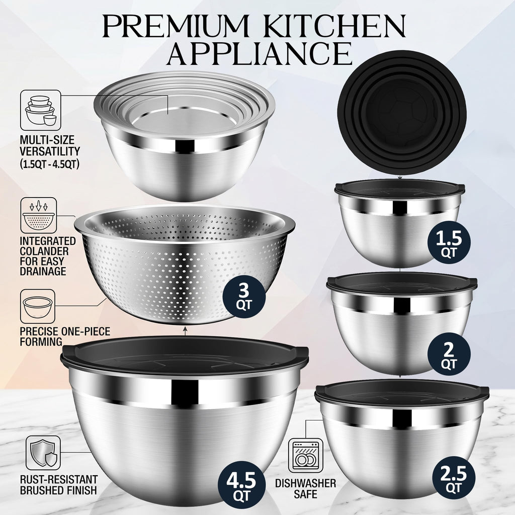Mixing Bowls with Lids Set, Stainless Steel Mixing Bowl with Colander