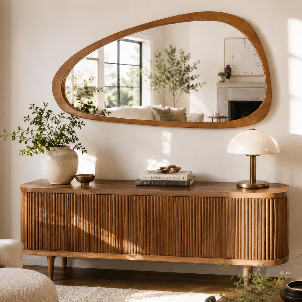 48x24 Inch Warm Walnut Large Irregular Solid Wood Wall Mirror