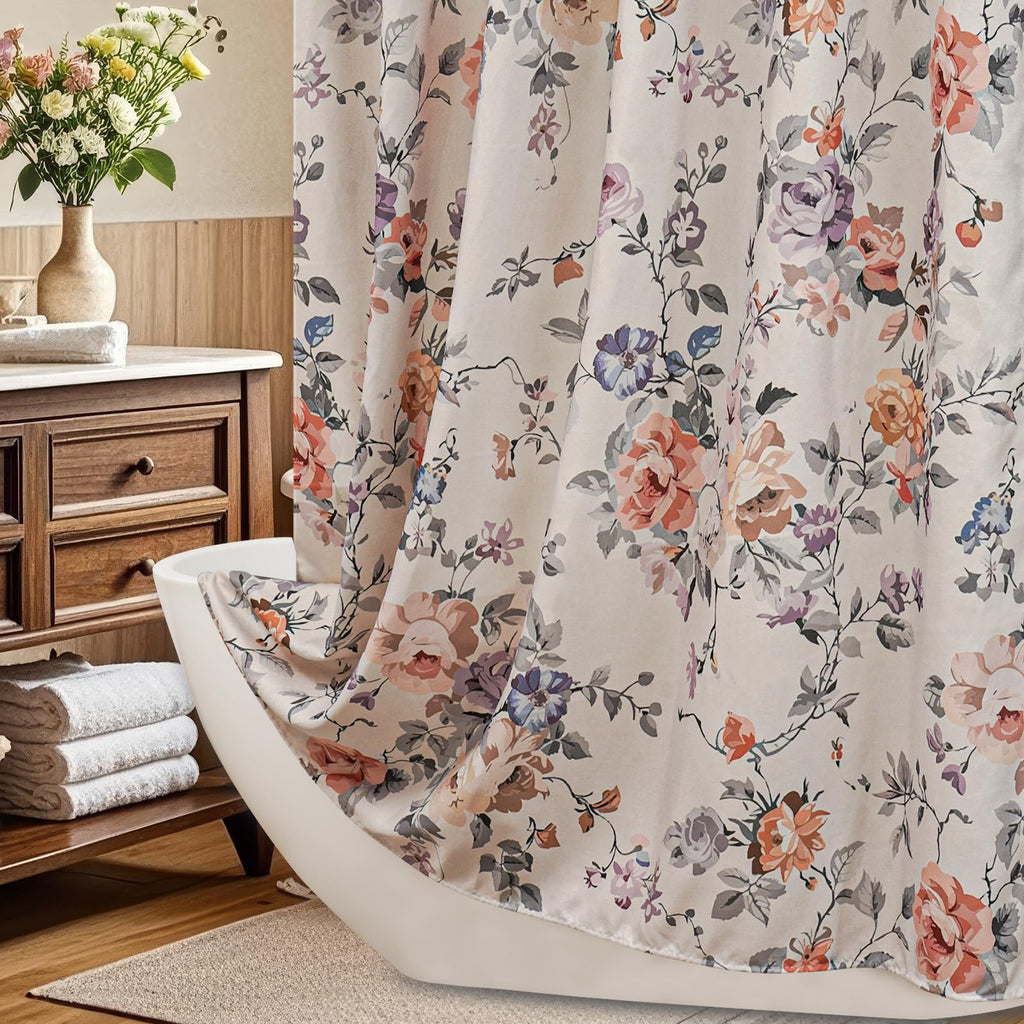 Vintage Floral 72x84, Lightweight Faux Linen Fabric Bathroom Curtains, Shabby Chic Purple and Pink Rose Cottagecore