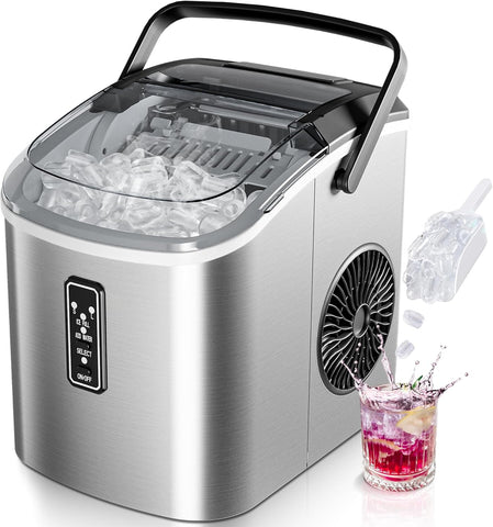 Ice Maker Countertop with Carry Handle, 9 Cubes Ready in 6 Mins, 26.5lbs/24H, Self-Cleaning, 2 Sizes of Bullet Ice