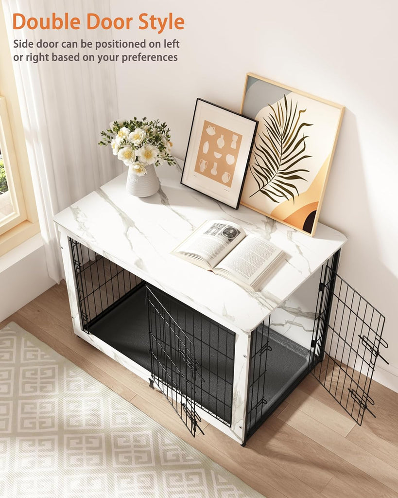 Wooden Dog Crate Furniture with Cushion, Large Dog Crate End Table with Tray, Double Doors Kennels Indoor (43.1"
