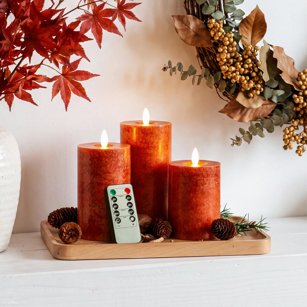 Mottled Orange Fall Flameless Candles with Remote and Timer, Real Wax Made LED Pillar Candles Battery Operated with