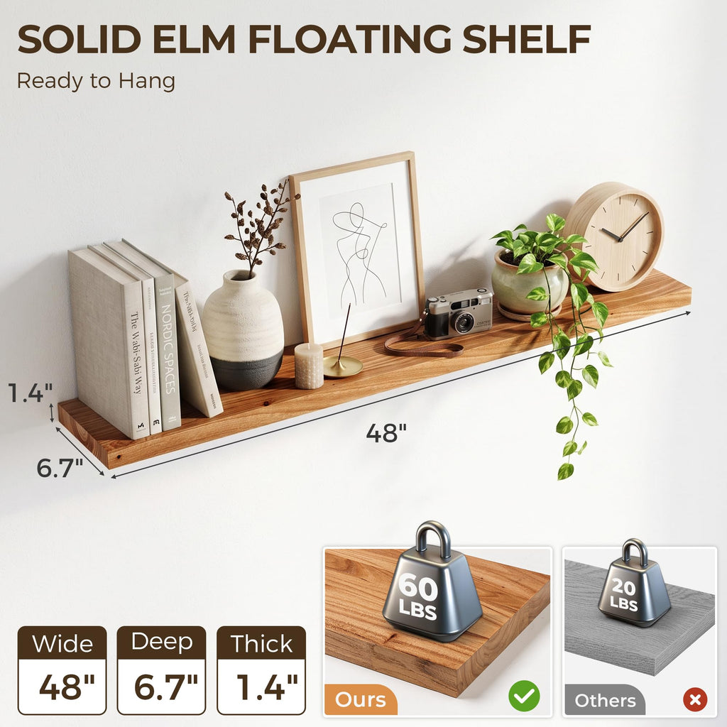 Elm Floating Shelves for Wall - 48 in Rustic Solid Wood Shelves with Heavy-Duty Invisible Bracket, Wall-Mounted