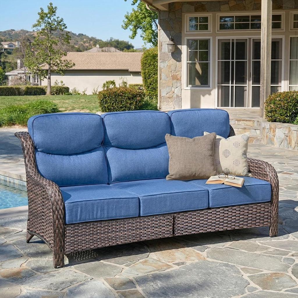 Luxury 6" Thick Cushioned PE Wicker 3-Seater Outdoor Couch, All-Weather Comfortable Modern Patio Sofa, High Back Deep