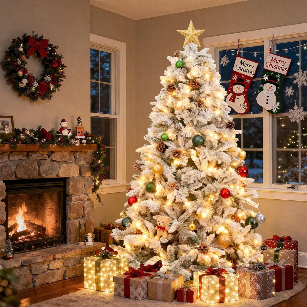 7ft Snow-Flocked Artificial Christmas Tree, LED pre-lit Holiday Xmas Tree Party Decoration with 1100 PE&PVC Hinged