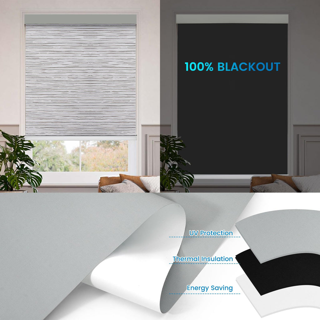 Motorized 100% Blackout Roller Shades - Custom Smart Blinds with Remote Control, Rechargeable Battery or Plug-in