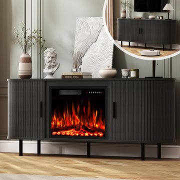65'' Mid Century Modern Fluted TV Stand with 23" Fireplace, Curved Fireplace Entertainment Center for TVs Up to 75