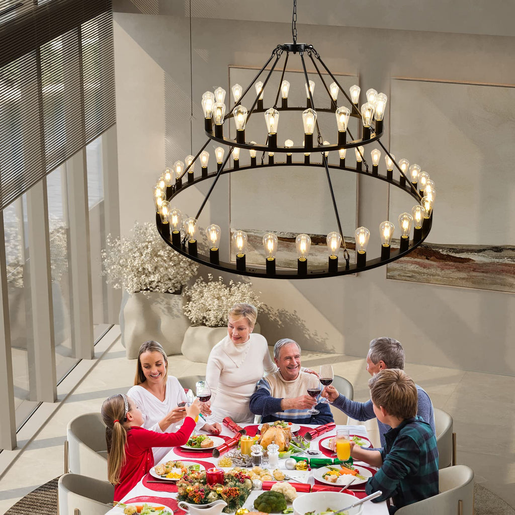 Wagon Wheel Chandelier 2 Tier 54-Light 60-inch, Farmhouse Industrial Chandelier Black Rustic Pendant Light Fixture