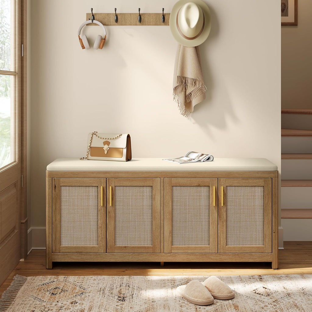 Boho Shoe Bench with Cushion, Entryway Storage Bench with 4 Rattan-Look Cabinet Doors, Rounded Corners
