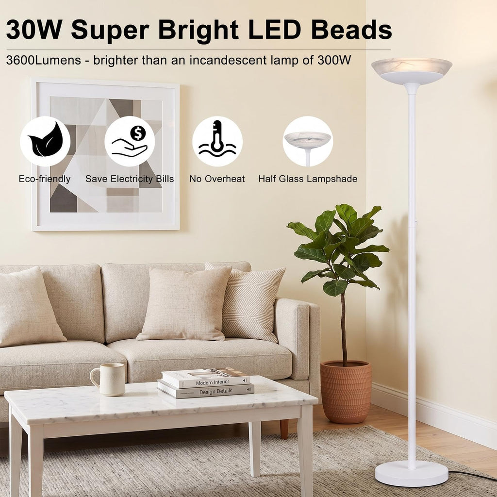 Torchiere Floor Lamp, 30W Super Bright LED Standing Lamp, Stepless Dimmable Pole Lamp with 3000K Lighting, Glass
