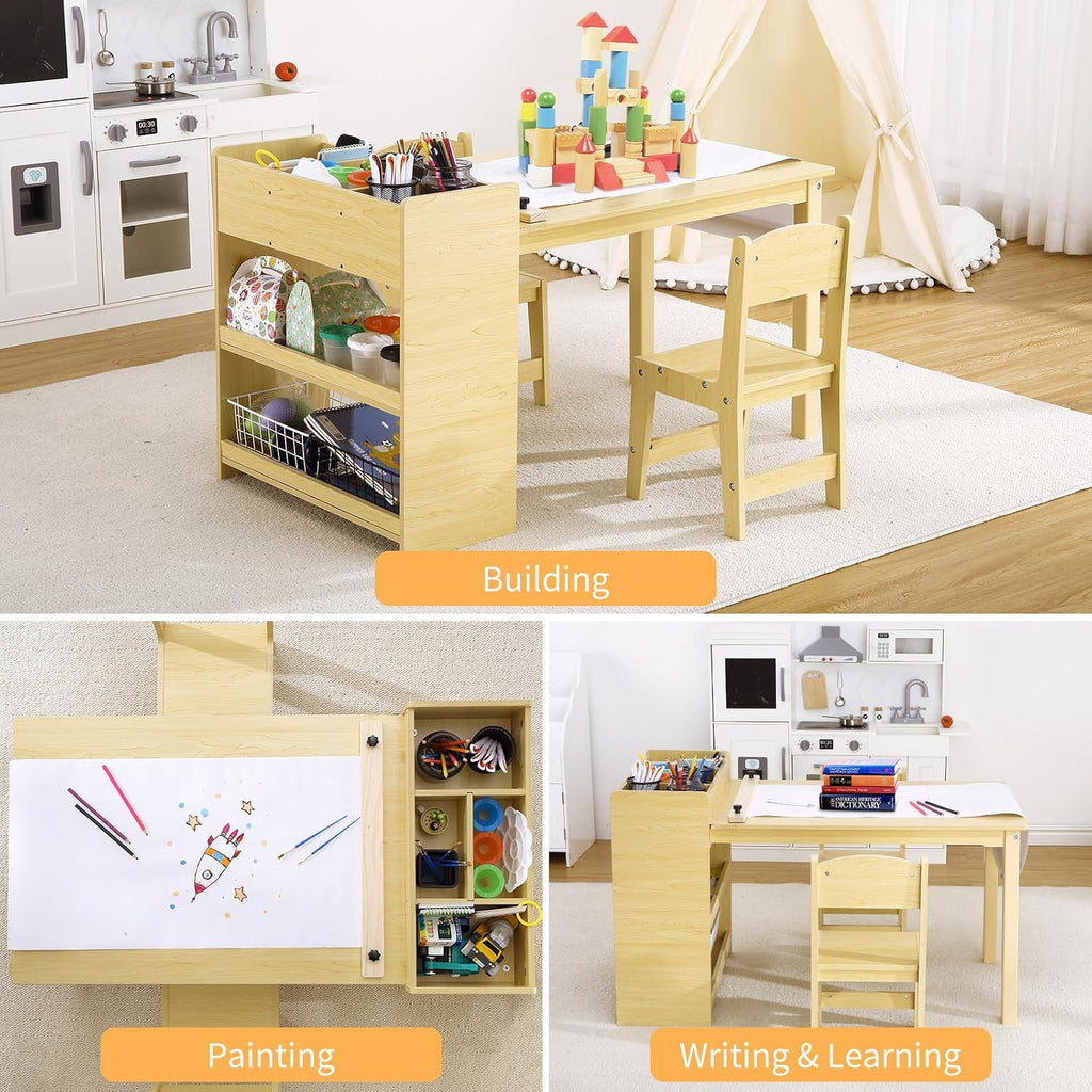 Versatile Kids Art Table with 2 Chairs, MDF Craft Play Desk with Large Storage & Paper Roller, Adjustable Activity