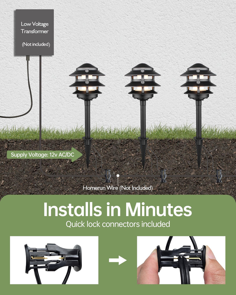 4Pack Low Voltage Pagoda Landscape Lighting, 12V Pathway Light Wired