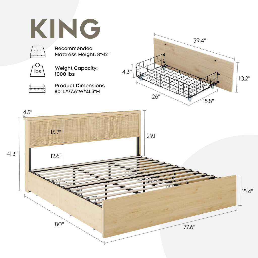 King Bed Frame with Natural Rattan Headboard and Wooden 4 Storage Drawers, Light Oak Metal Platform Bedframe with