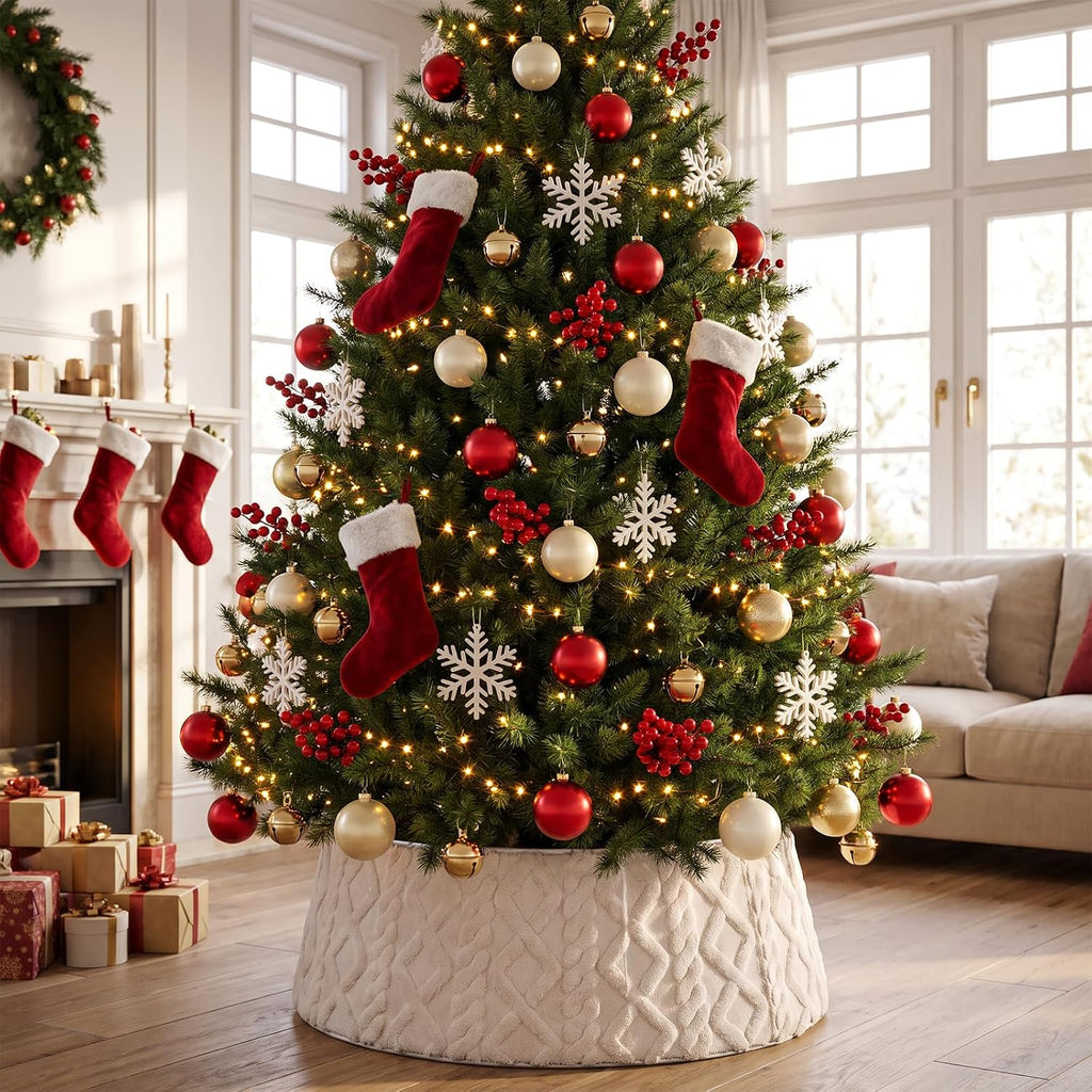Christmas Tree Collar 28-36 Inch, Diamond Faux Fur Tree Collar Plush Christmas Tree Skirt Adjusted Xmas Tree Ring for