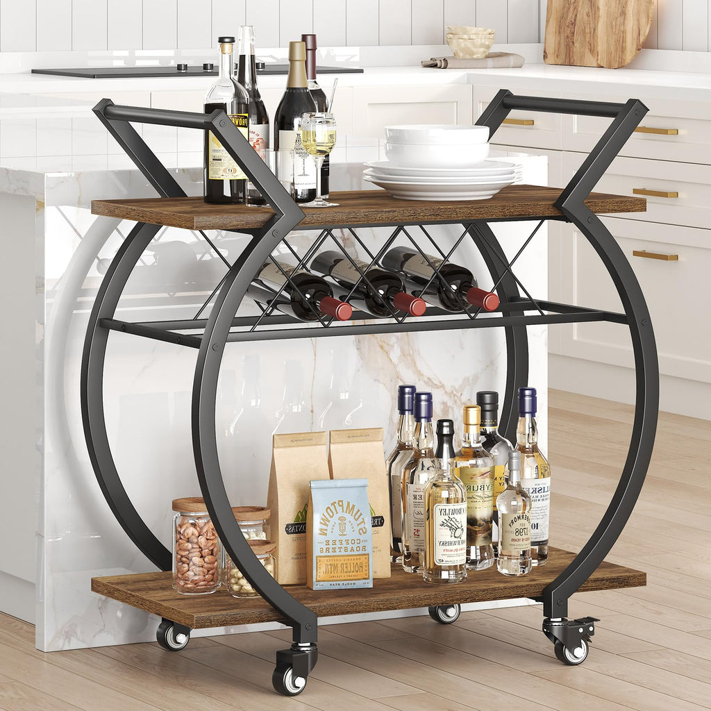 Industrial Bar Cart, Beverage Serving Cart with Wheels, Rustic Brown