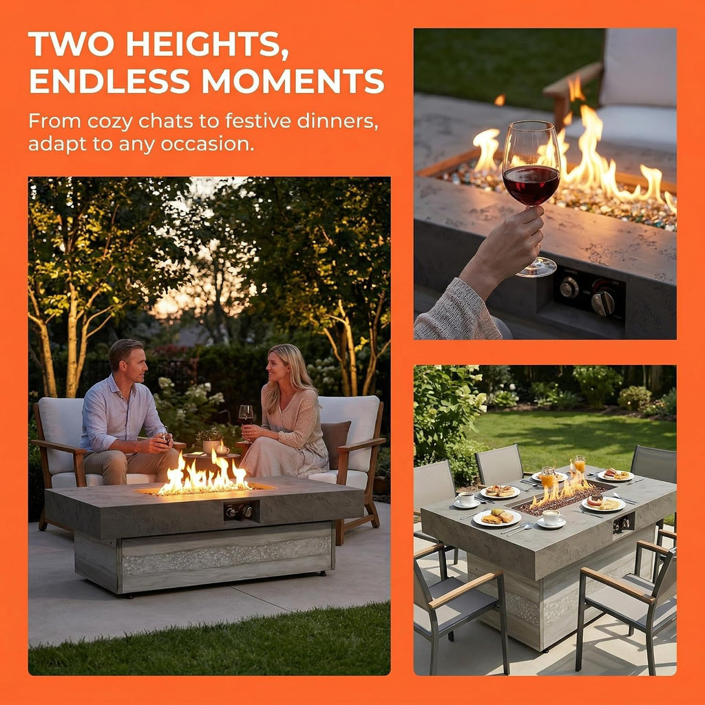 48x24 Adjustable Propane Fire Pit Table 50000 BTU Cement Grey | Converts from a warm fire pit to a sleek coffee table
