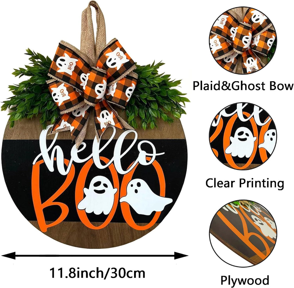 Halloween Ghost Wreath, Wooden Halloween Ghost Door Sign Wreath Decorations for Front Door Hanger