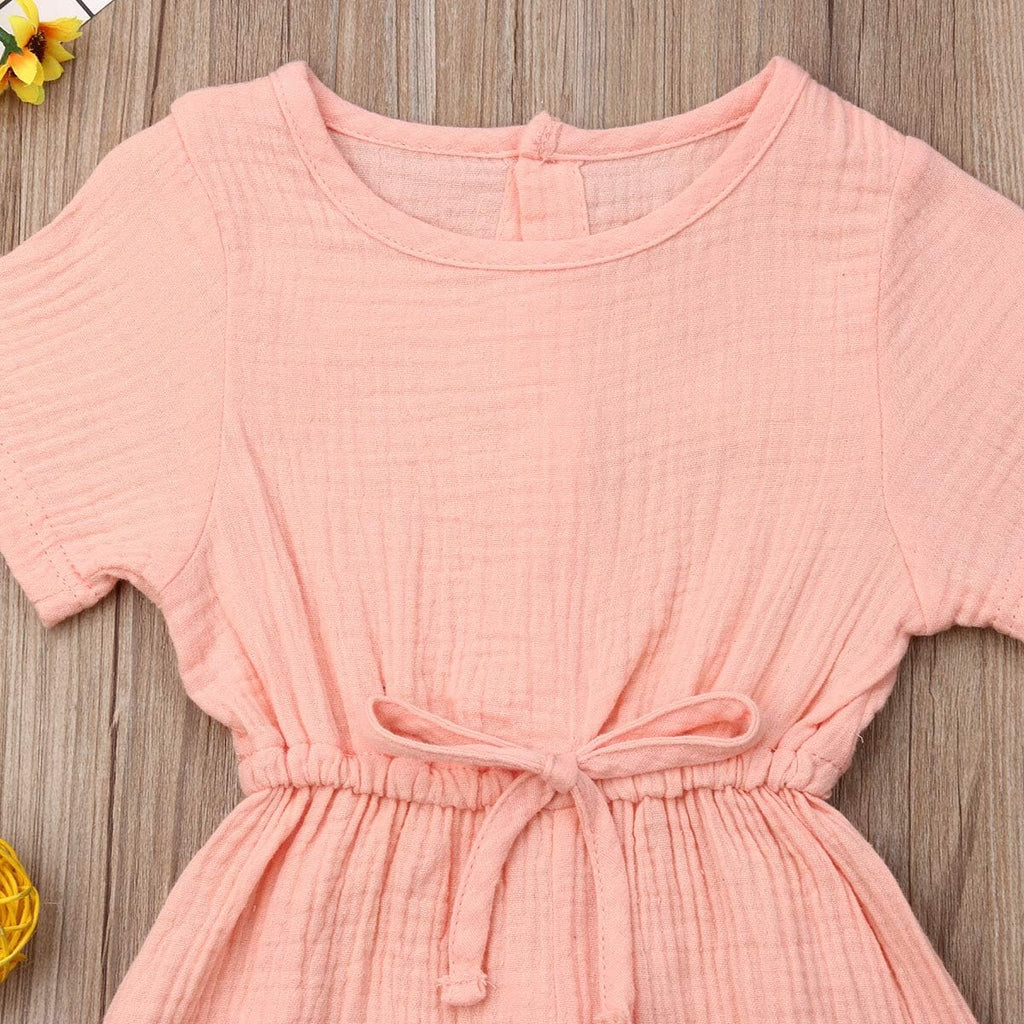 Toddler Baby Girl Summer Fall Basic Plain Short Sleeve Cotton Linen Drawstring Romper Jumpsuit