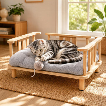 Elevated Cat Couch & Dog Sofa, Solid Wood Raised Pet Bed with Machine Washable Plush Mattress, Indoor Cat Furniture