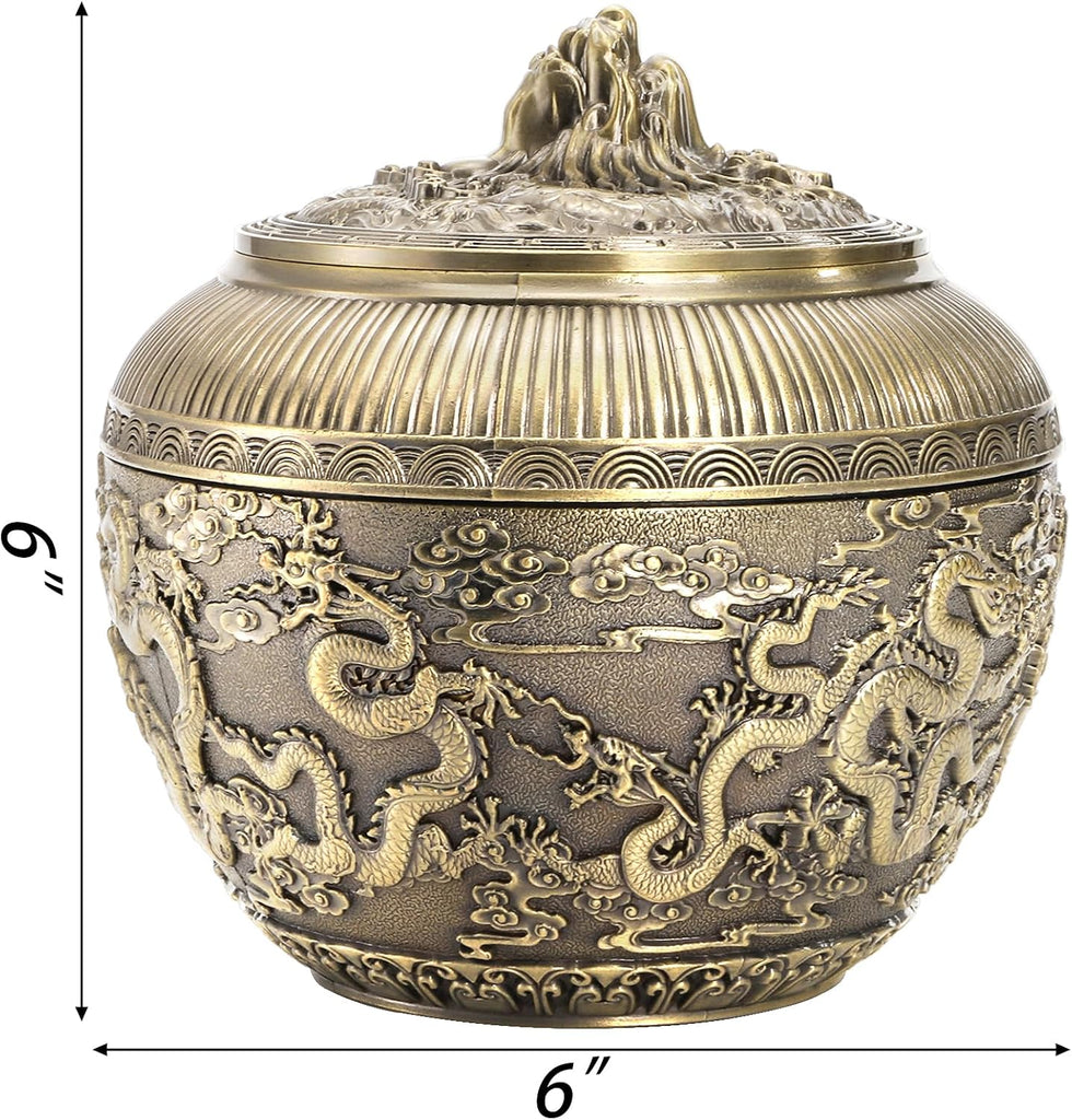 Round Metal Container with Dragon Finial, Metal Living Room Decorative Jar, Dragon Decorated Covered Jar, Bronze