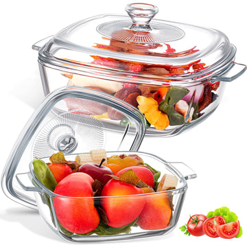 2 Pcs Glass Casserole Dish with Lid, 0.8L/1.5L Square Bakeware Set