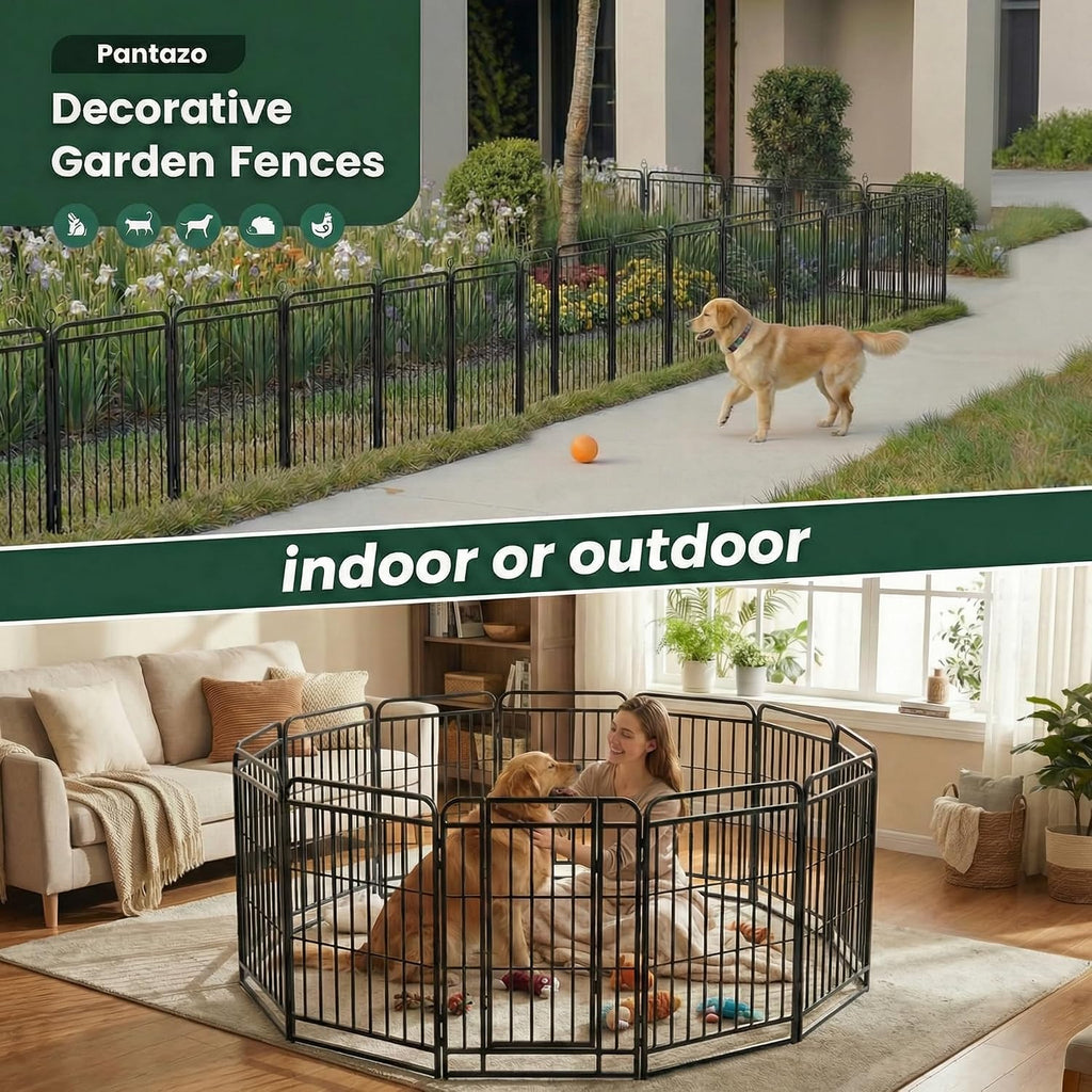 12 Panels No Dig Outdoor Garden Fence with Gate for Yard, 47 in X 27 ft | Rustproof Metal Coating-Strengthened Dog