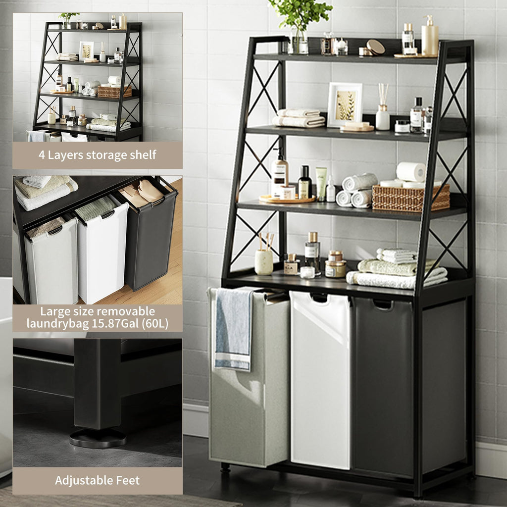 Laundry Basket, 3 Section Laundry Hamper with 4 Tiers Shelf, Pull-Out and Removable Laundry Bags, Large 3 x 15.87