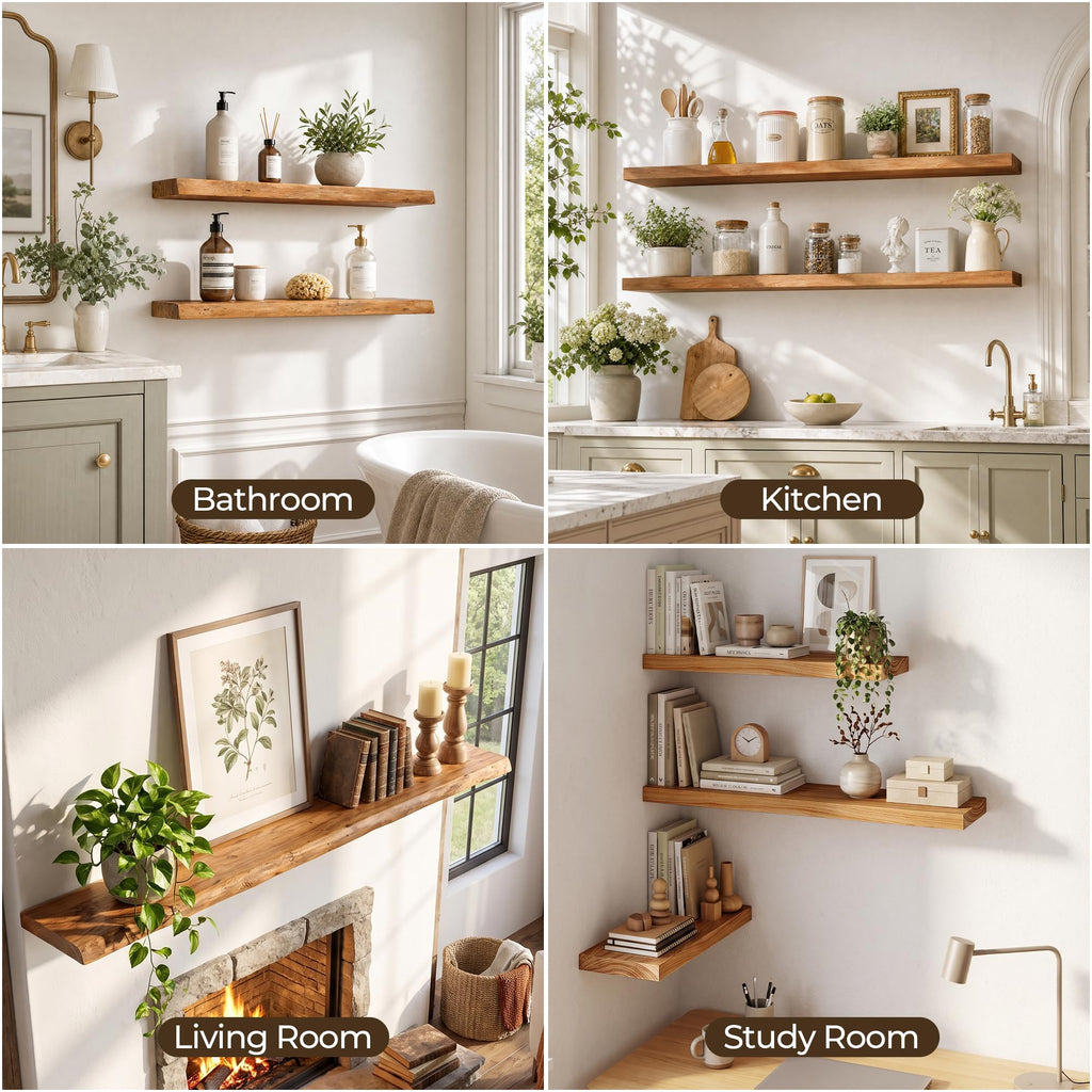 Elm Floating Shelves for Wall - 48 in Rustic Solid Wood Shelves with Heavy-Duty Invisible Bracket, Wall-Mounted