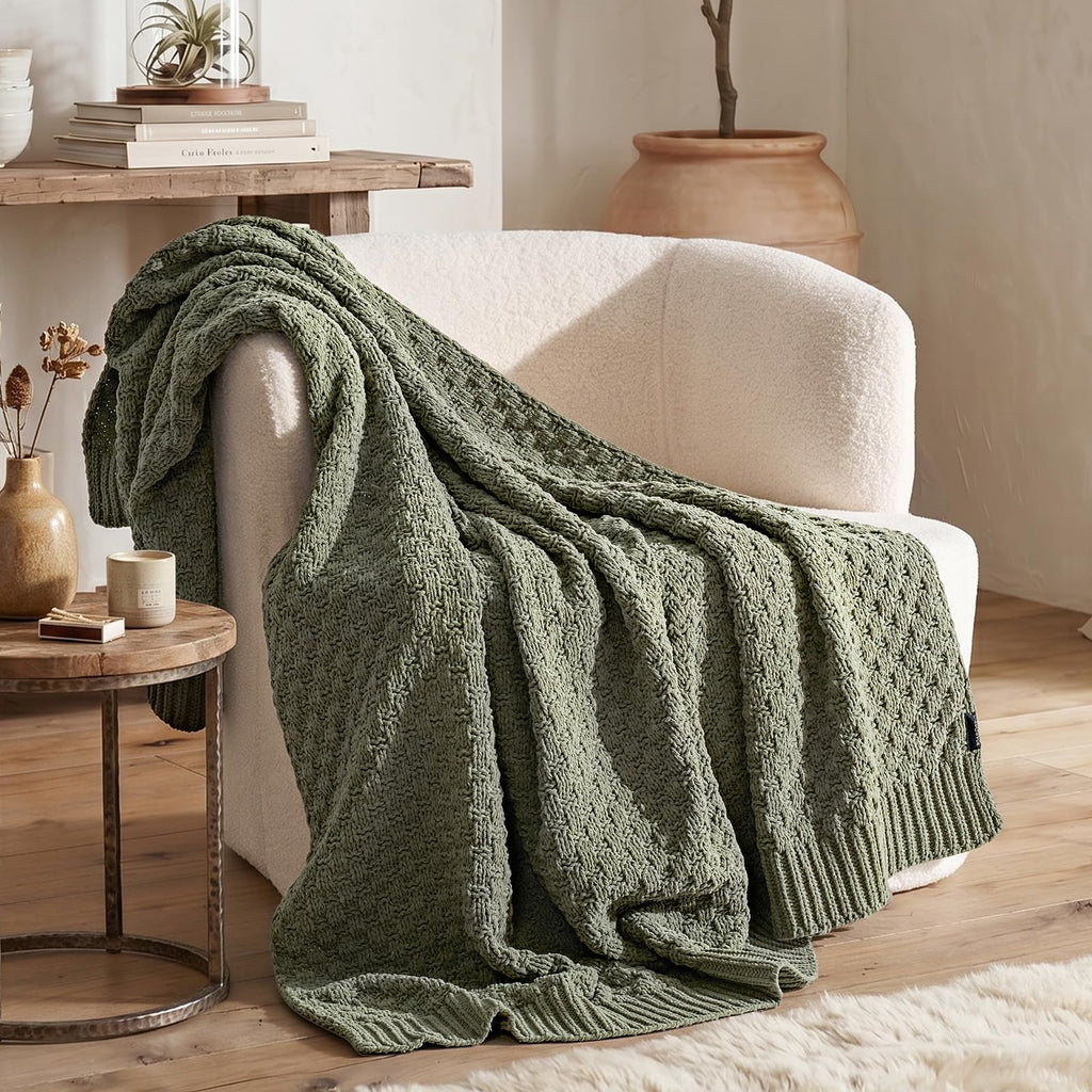 Chunky Chenille Knit Throw Blanket, Dried Thyme Green, 60x80