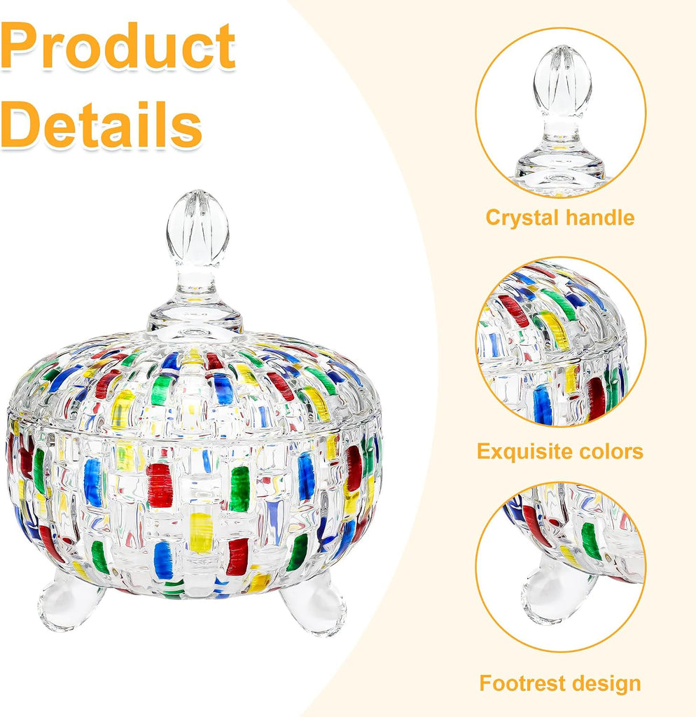 24 oz Candy Dish with Lid, Decorative Candy Dishes Container,Embossed Glass Jar, Colorful Crystal Storage Bowl Desk