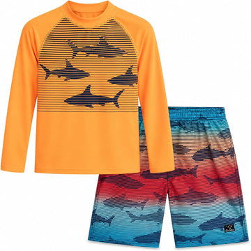 Boys Piece UPF 50+ Long Sleeve Rash Guard & Swim Trunks