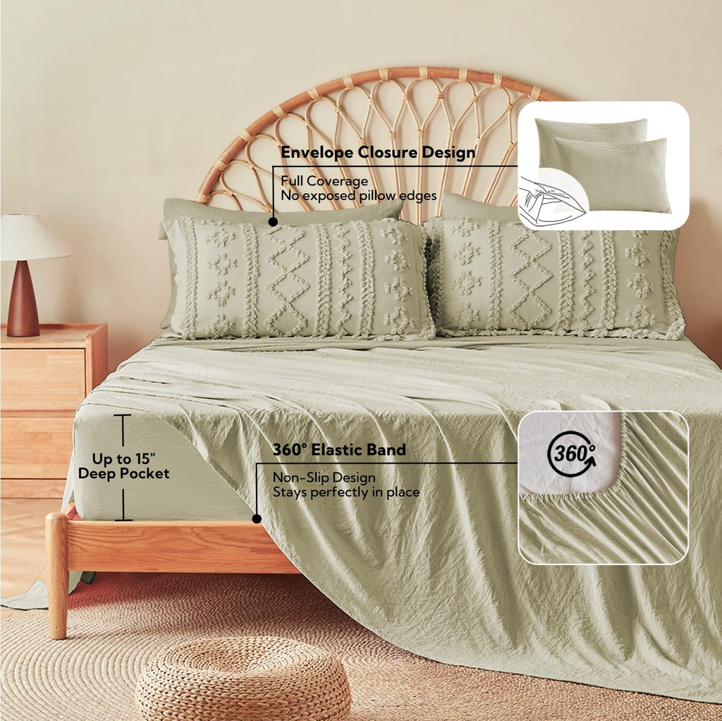 Queen Comforter Set 7 Pieces, Tufted Boho Beddding Set Sage Green