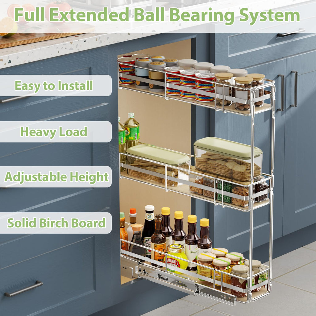 Pull Out Cabinet Organizer Spice Rack for Narrow Cabinet 5" W x 201⁄2" D, Slide Out Wood Shelves Storage