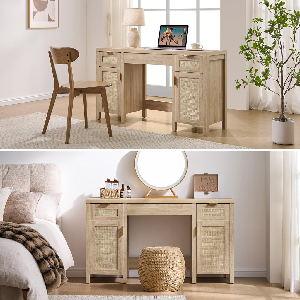 52" Rattan Vanity Desk with 3 Drawers & 2 Cabinets, Vanity Table