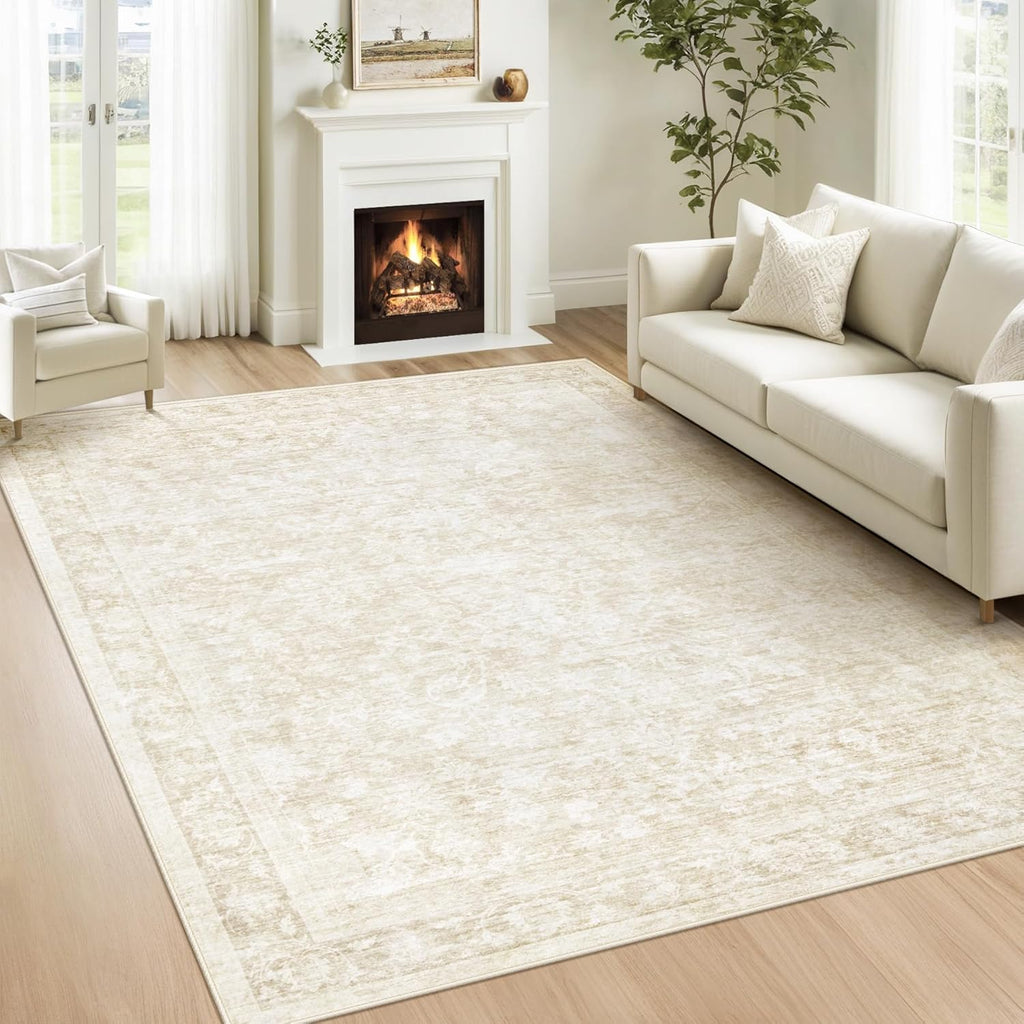 5x7 Area Rugs for Living Room: Washable Vintage Floral Rug Low Pile Non-Slip Boho Carpet for Bedroom Nursery Dining