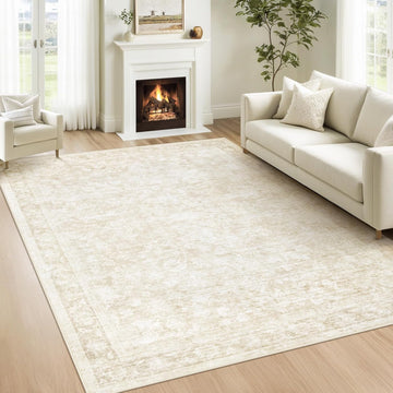 5x7 Area Rugs for Living Room: Washable Vintage Floral Rug Low Pile Non-Slip Boho Carpet for Bedroom Nursery Dining