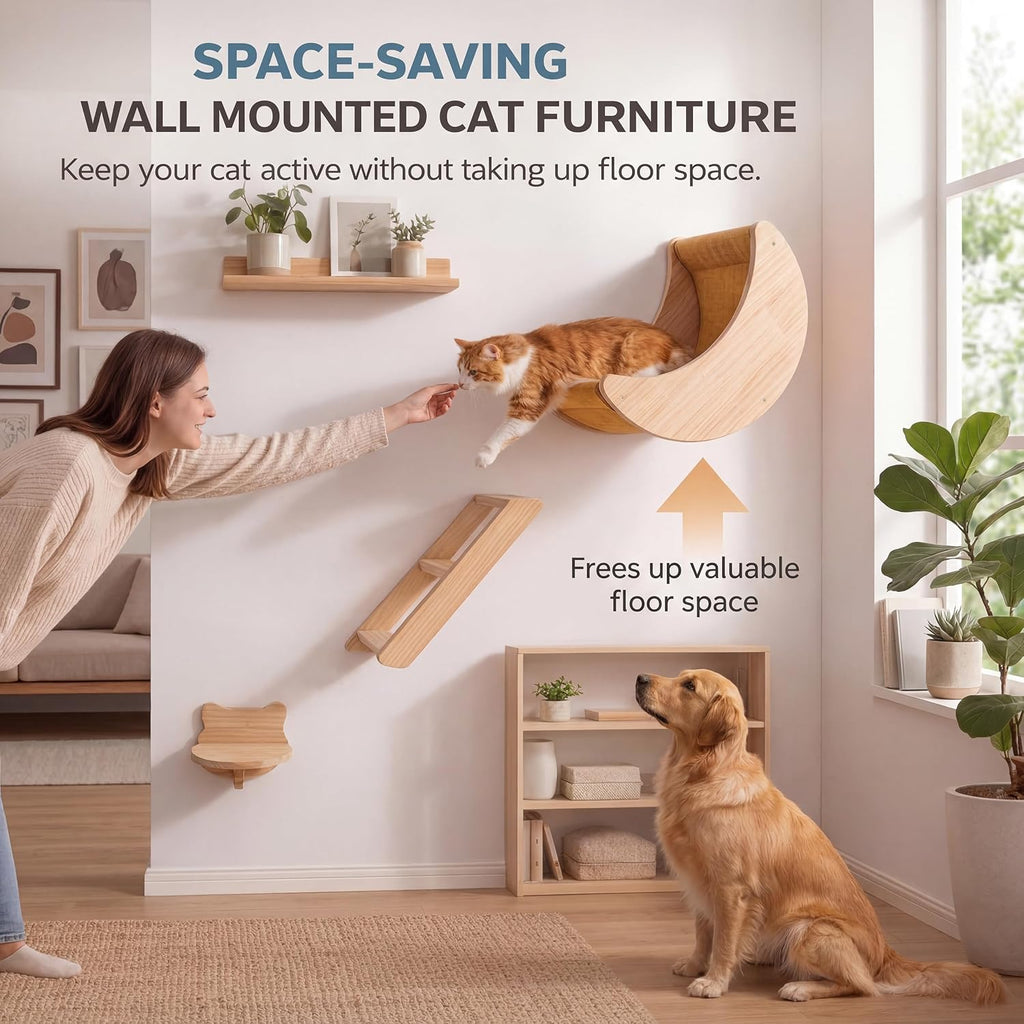 Cat Wall Shelves Set, Solid Wood Moon Bed, Perch & Stair for Climb and Rest