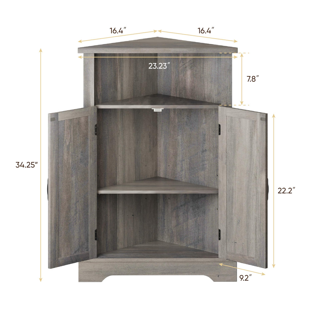 Bathroom Corner Storage Cabinet, Farmhouse Floor Corner Cabinet with Barn Door and Adjustable Shelf, Wash Grey Narrow
