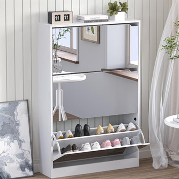 Shoe Cabinet with 3-Flip Mirror Drawers, Freestanding Shoe Rack Organizer with Hidden Handle, Slim Narrow Shoe