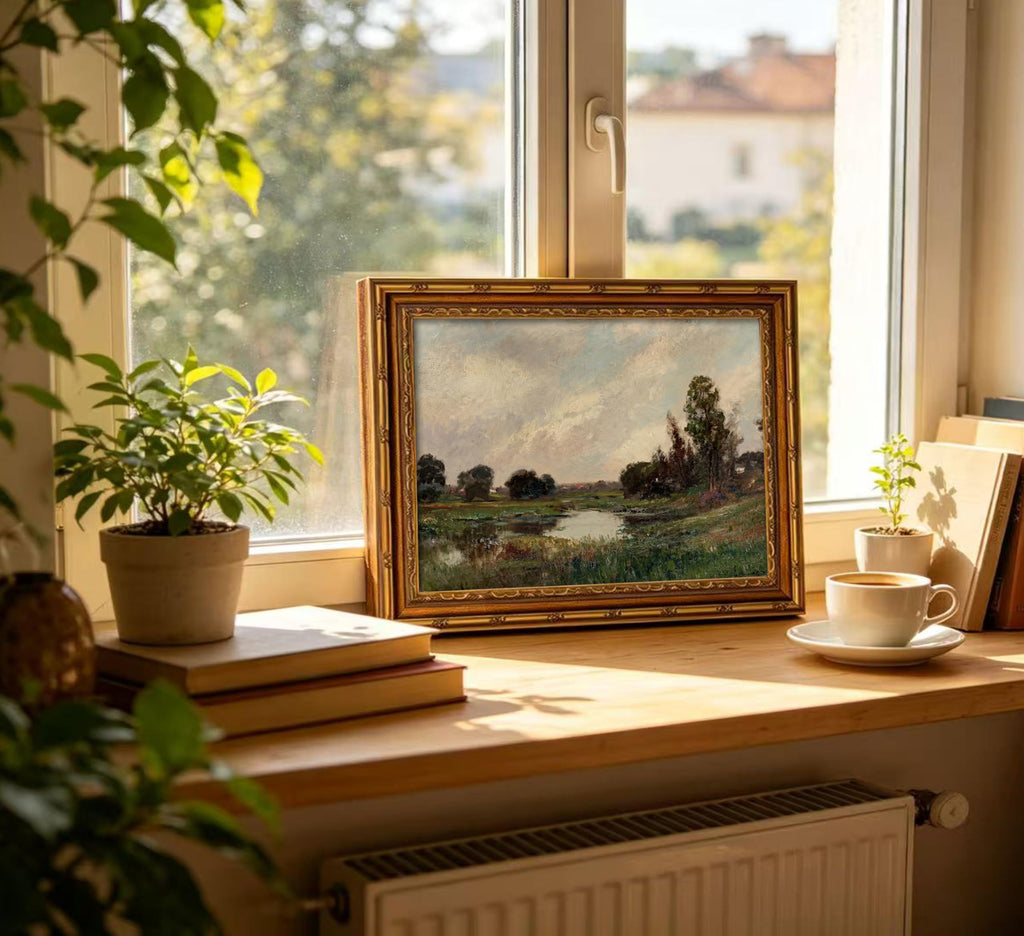 Vintage Gold Framed Landscape Wall Art, Retro Impressionist River Landscape Oil Painting Canvas Prints, Rustic Meadow
