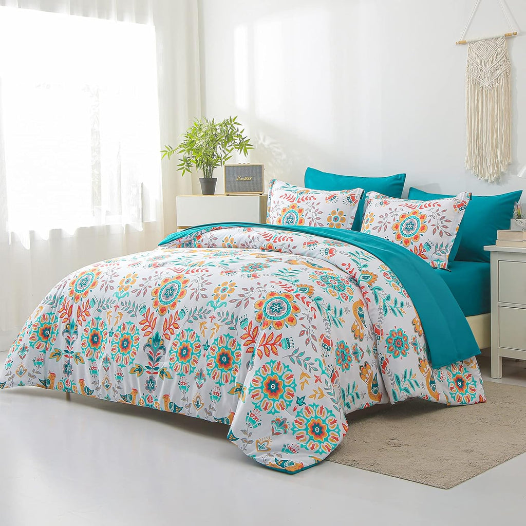Boho Comforter Set Queen - 7 Pieces Bed in a Bag Floral Medallions Design, Bohemian Comforter Set with Sheets