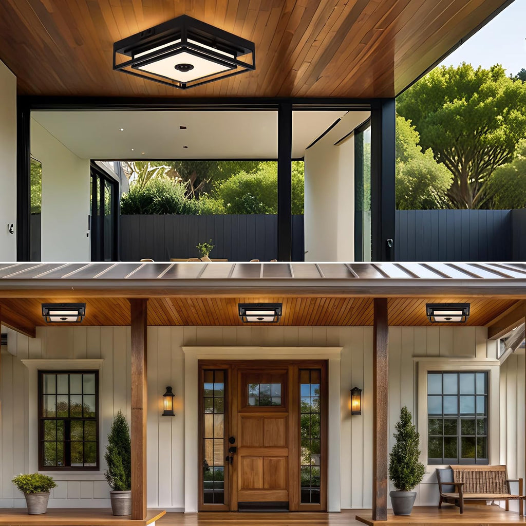 LED Motion Sensor Outdoor Ceiling Light, Modern Black Flush Mount Ceiling Light