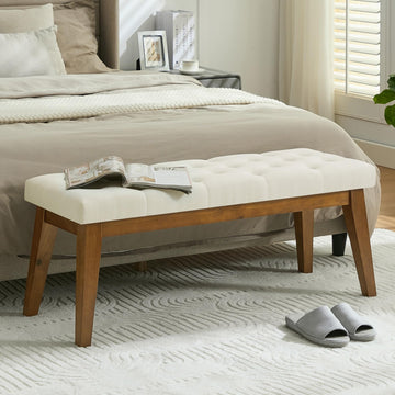 43.5'' Linen Bedroom Bench, Upholstered End of Bed Bench with Tufted Button, Padded Vintage Dining Bench, Entryway