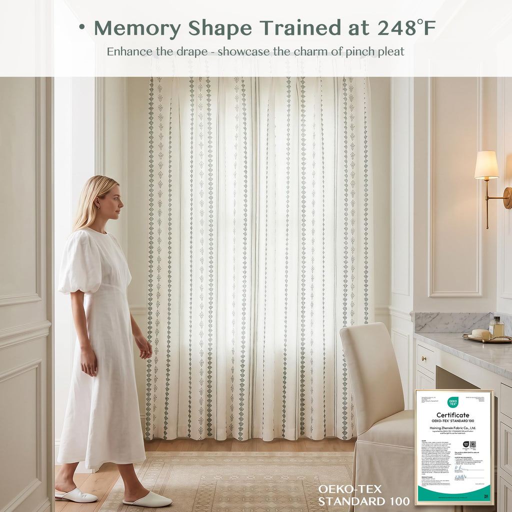 Sage Green Floral Pinch Pleated Curtains 108 Inches Long, Block Print Vintage Farmhouse Linen Blend Light Filtering