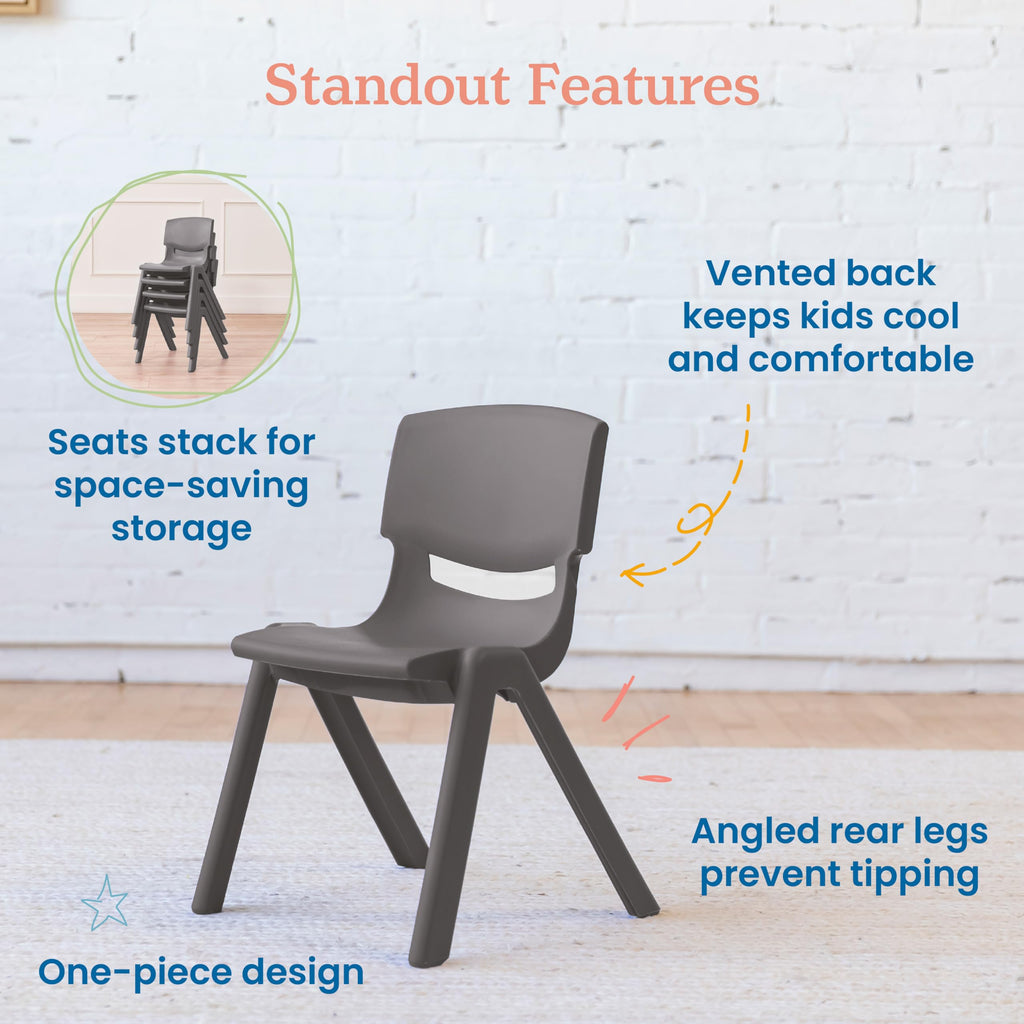 12in Plastic School Stack Chair, Classroom Furniture, Grey, 4-Pack