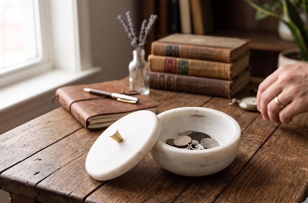 White Marble Storage Box with Copper Knob - Round Decorative Organizer for Jewelry, Trinkets, Bathroom or Office