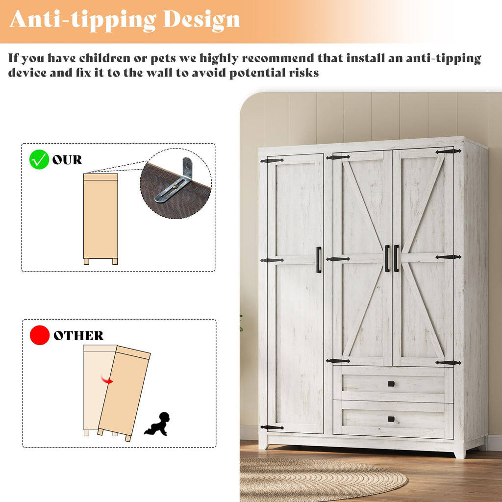 Farmhouse 3 Door Wardrobe Closet with 2 Drawers & Hanging Rod