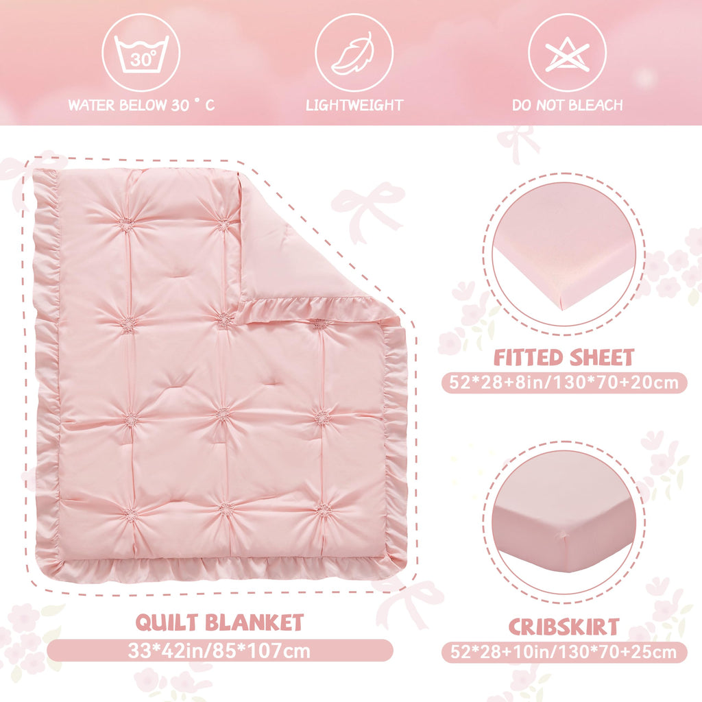 Princess Crib Bedding Set for Girls, 3 Piece Ruffles Jacquard Embroidery Baby Girl Crib Bedding Set Newborn, Infant &